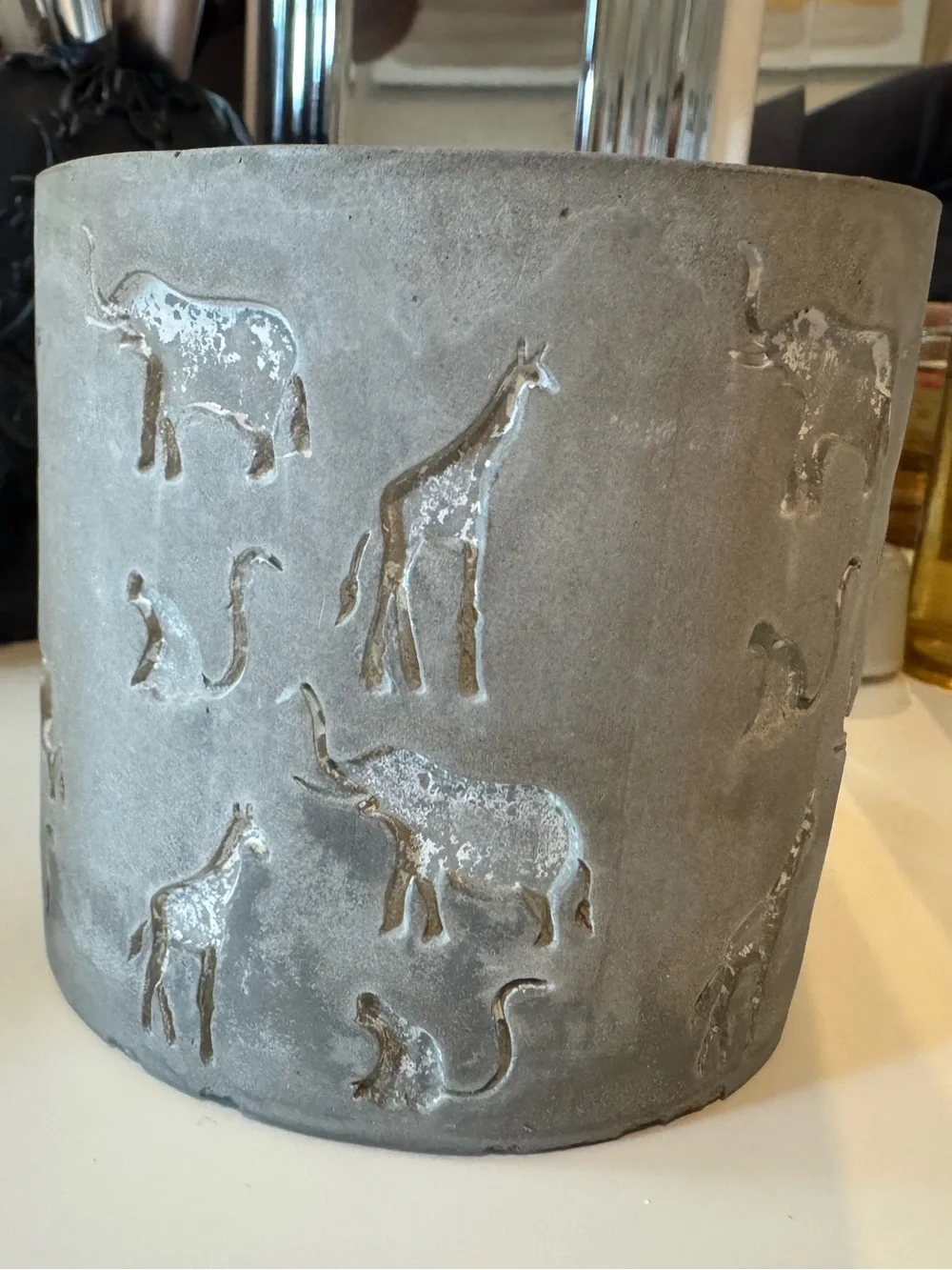 Gray Cement Safari Animal Planter Pot 4” Embossed Elephant Giraffe